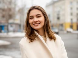 Улыбающаяся девушка в светлом пальто на улице Новосибирска
